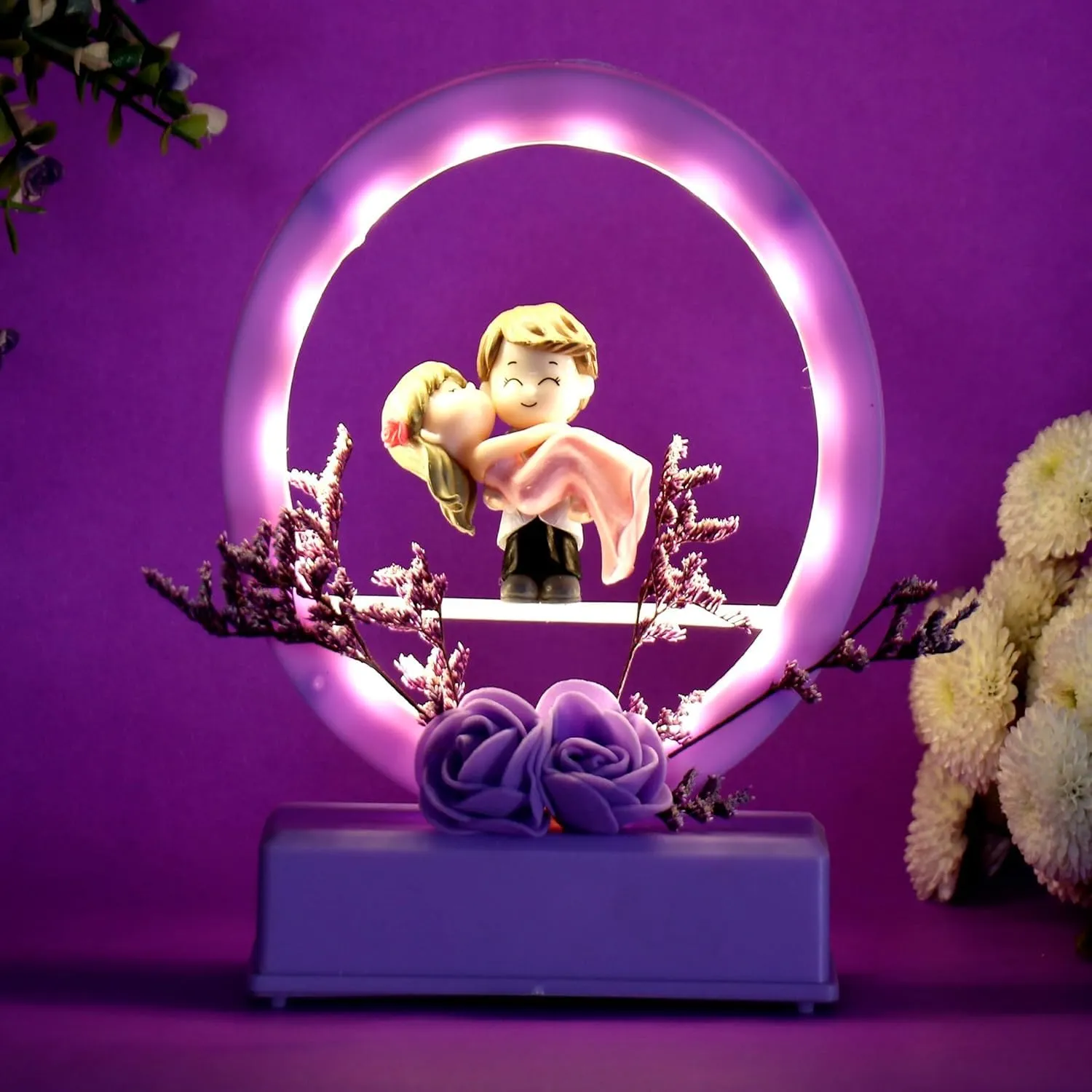 Musical Couple Showpiece with LED Lights | Romantic Hug Couple Miniature Purple (35 x 24 cm) | Valentine Gift for Girlfriend, Wife
