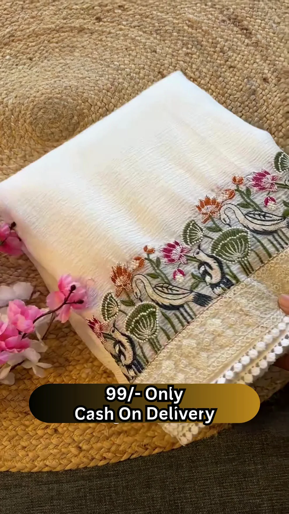 Elegant Off-White Saree with Floral and Bird Embroidered Border