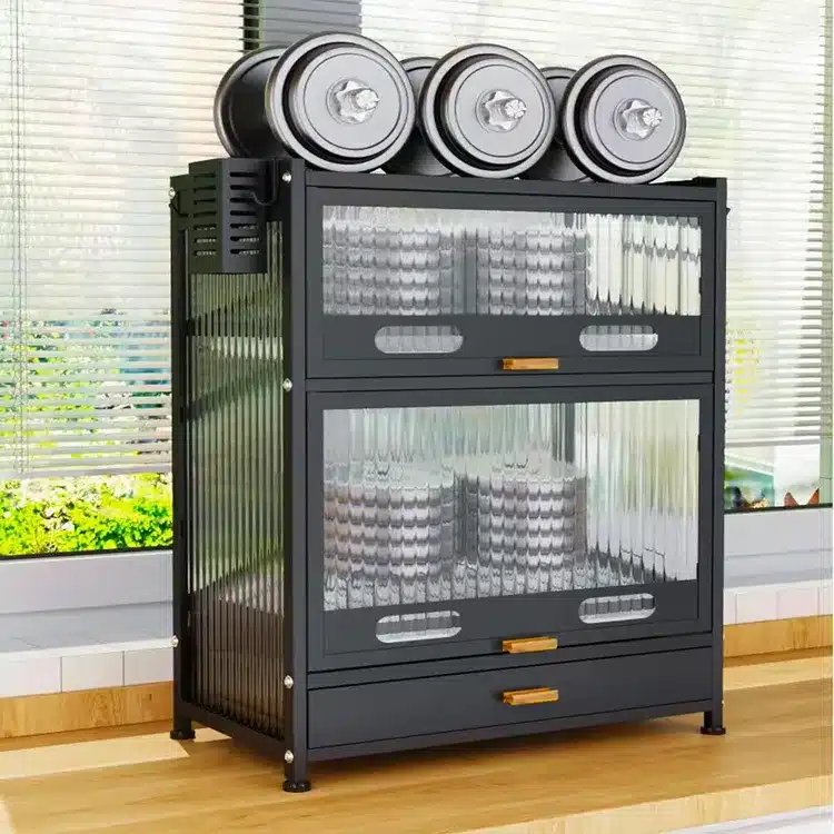 Multi-Layer Kitchen Dish Rack Storage Cabinet with Sliding Doors