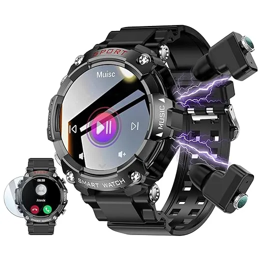 Smart Watch with Earbuds, 1.52 HD Screen Smartwatch for Men, Rugged Military Bluetooth Call Fitness Tracker,3 in 1 Bluetooth Watch with Local Music,Sleep Monitor,Heart Rate