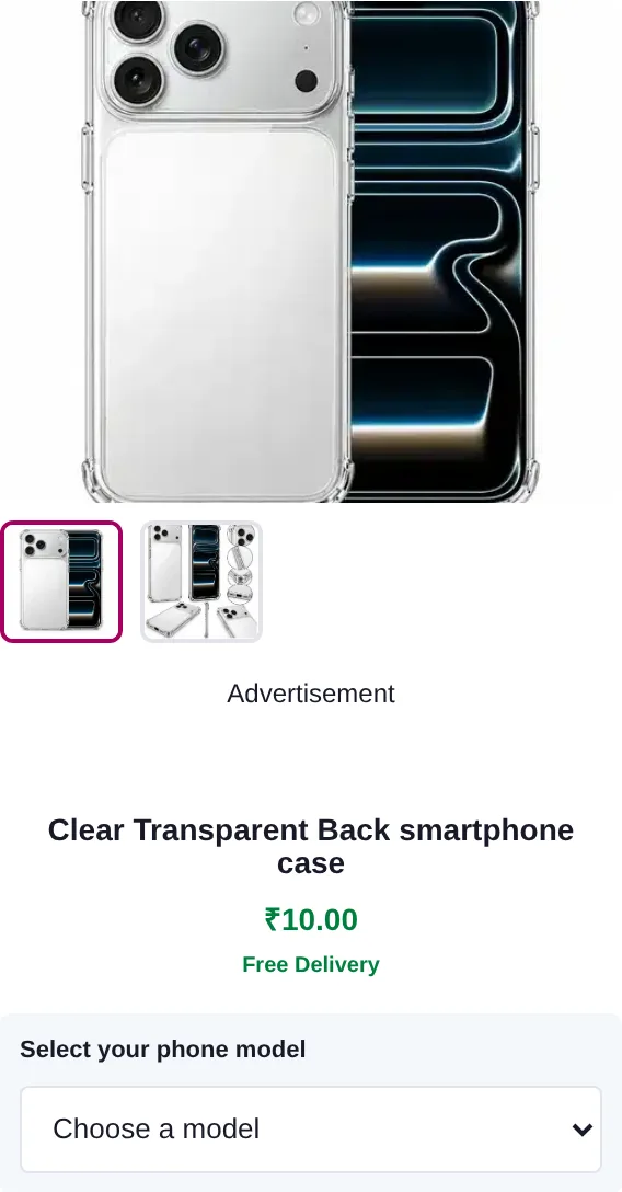 Screenshot of clear phone cover product details, price and model selector