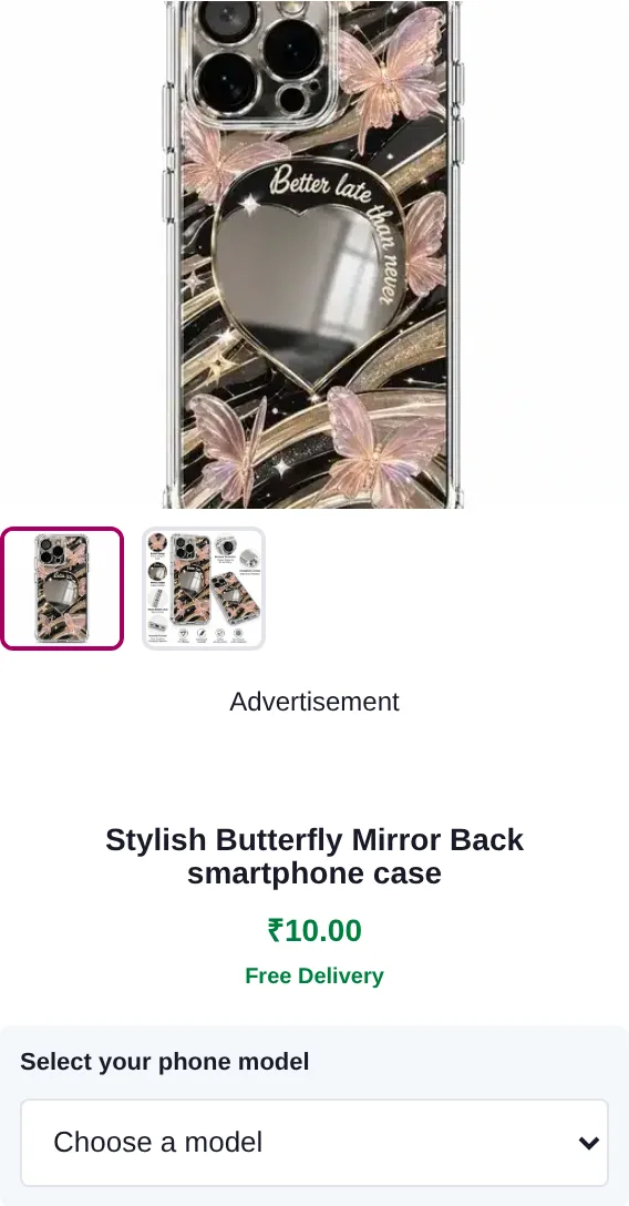 Screenshot of butterfly phone cover product details, price and model selector